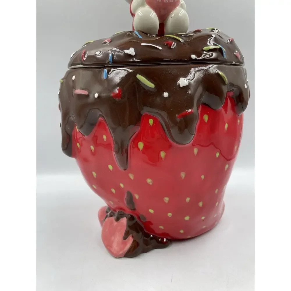 Hello Kitty Cookie Jar Blue Sky Ceramic Chocolate Strawberry With Lid NEW